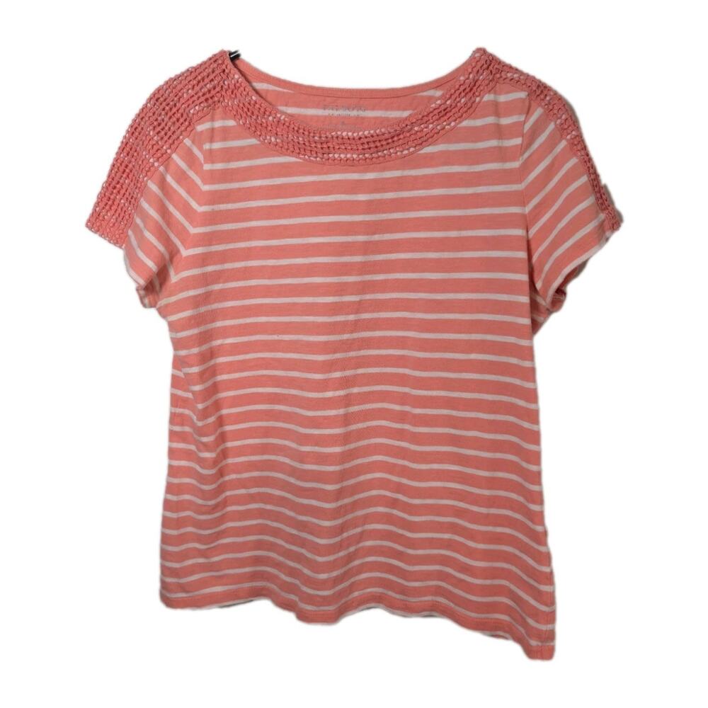 Talbots Blouse Womens Petite Medium M PM 8P 10P Pink Striped Crochet Cotton Top